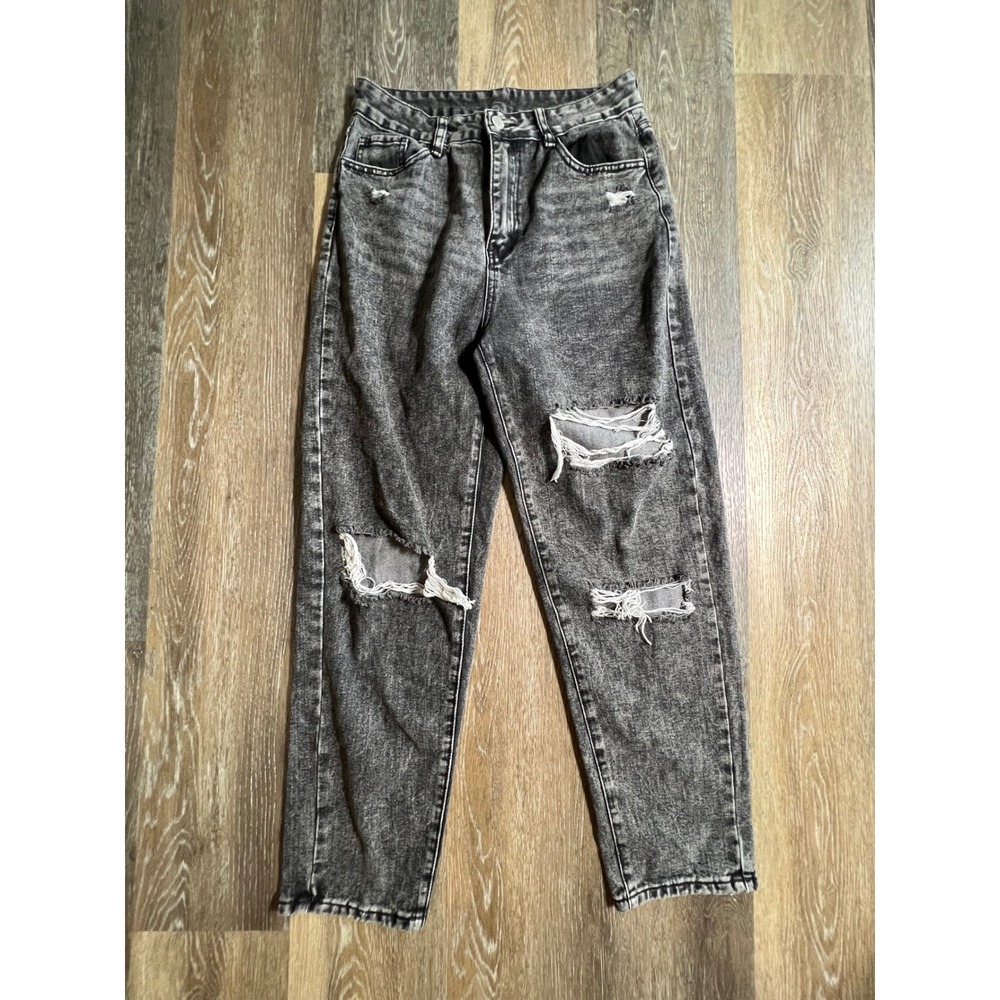 Shein Distressed Acid Wash Jeans Womens Size‎ 6 Black Excellent Ripped Straight